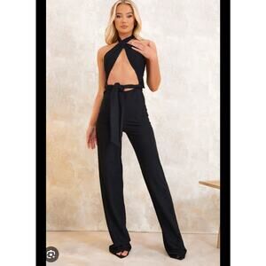 PrettyLittleThing black BLACK TEXTURED CROSS HALTER TIE WIDE LEG JUMPSUIT Size 0